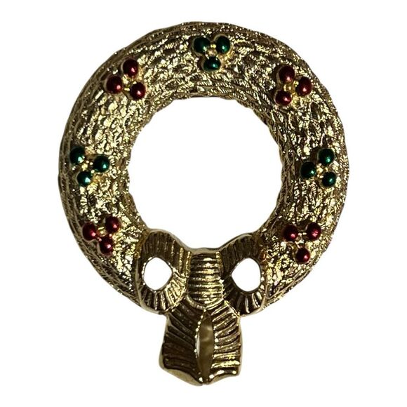 Festive Wreath Bow Brooch Christmas Jewelry Accessory Goldtone Red Green vintage - Picture 2 of 6